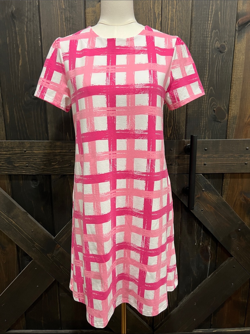Duffield Lane Short Sleeve Dress‎ S Pink Plaid Paint Strokes Casual Active Day